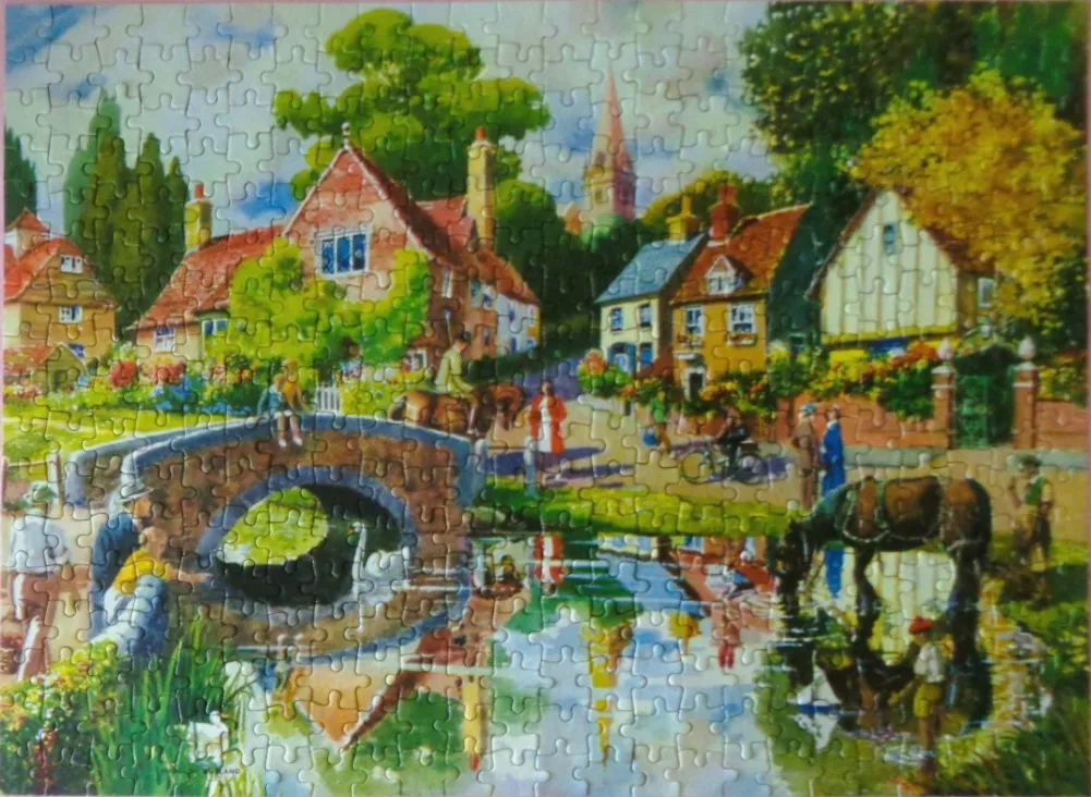 A nostalgic illustration of a tranquil English village with a stone bridge, horses, and cottages.