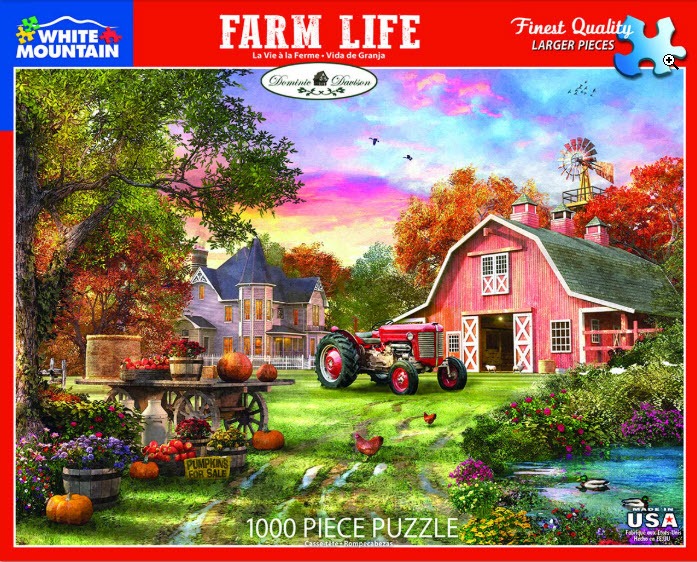 A rural farm scene featuring a red barn, a farmhouse, and a tractor at sunset.