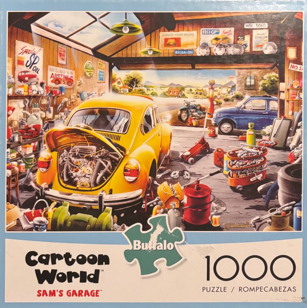 An illustration of a bustling garage with a bright yellow classic car in the foreground.