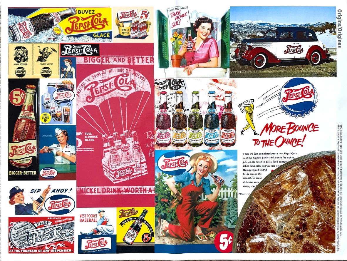 A collage of vintage advertisements featuring soda bottles, stylized illustrations of people, and bold promotional text.
