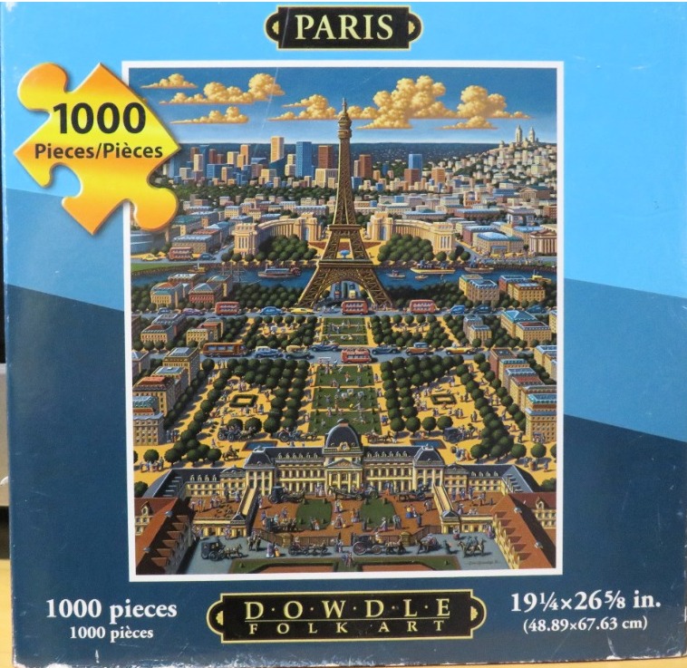 A whimsical folk art illustration of the Eiffel Tower and the Paris skyline with a busy garden in the foreground.