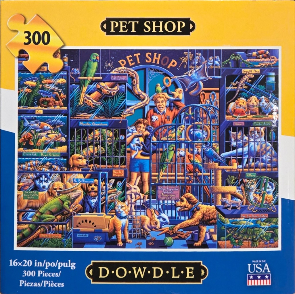 A whimsical, detailed illustration of the interior of a crowded pet shop filled with various animals and two employees.