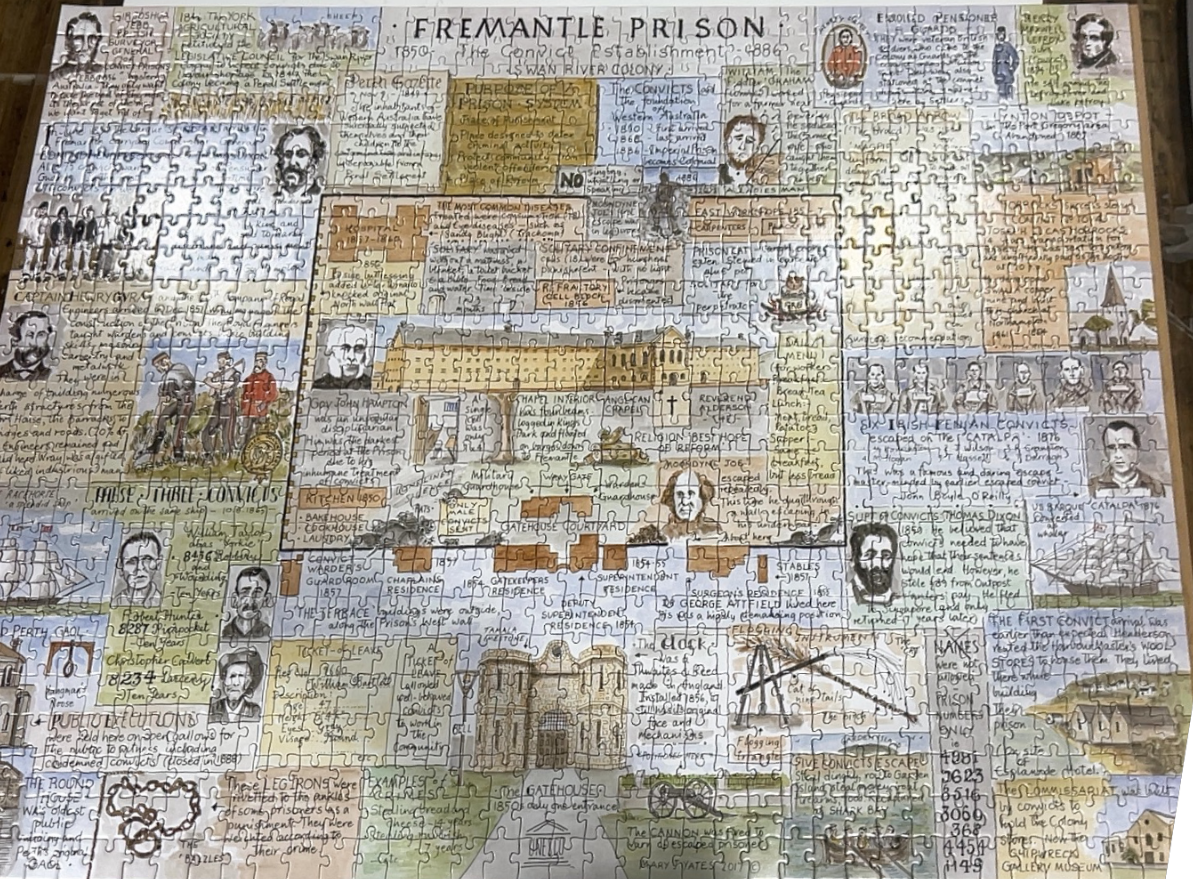 An illustrated historical map of Fremantle Prison filled with sketches, portraits, and handwritten text.