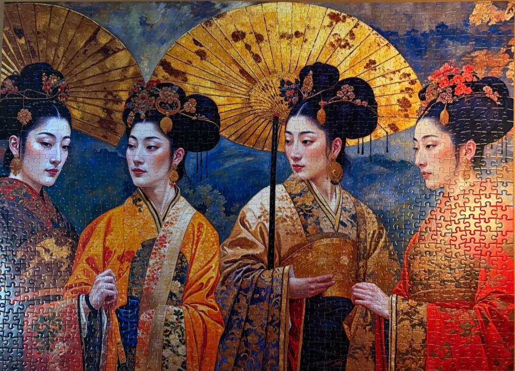 Four elegant women in traditional East Asian attire and golden umbrellas against a dark, painterly background.
