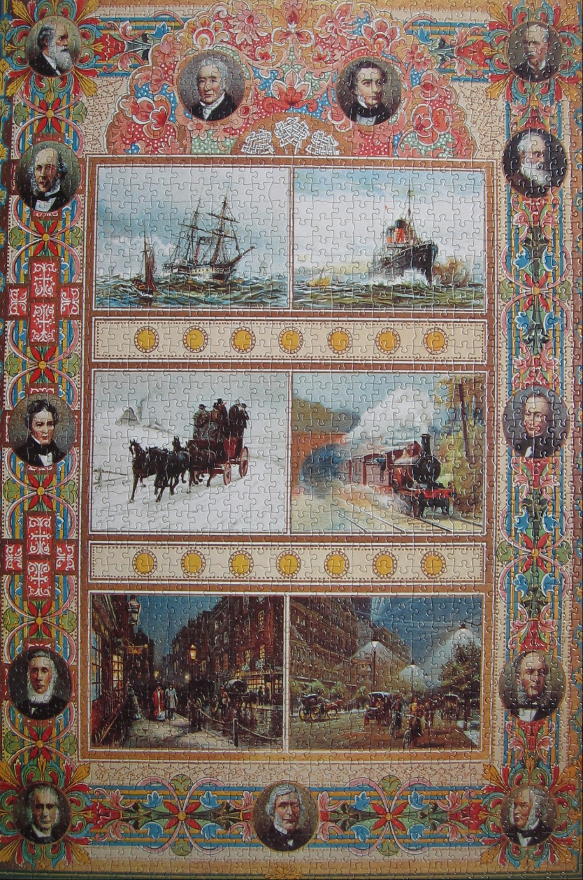 A montage of historical transport and famous figures framed in a decorative Victorian style border.
