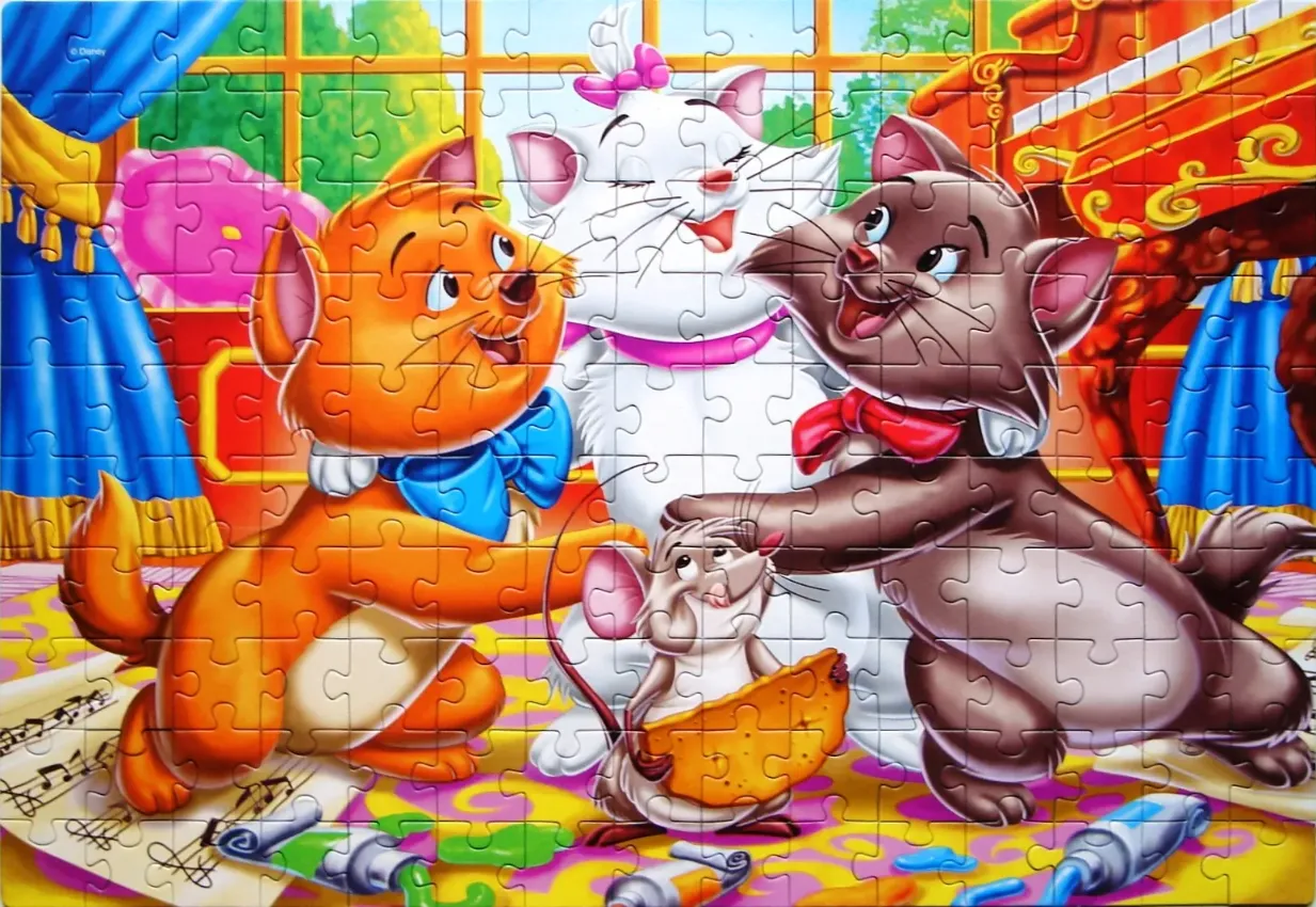 Animated scene with Marie the white kitten, her two brothers, and a mouse playing together in a music room.