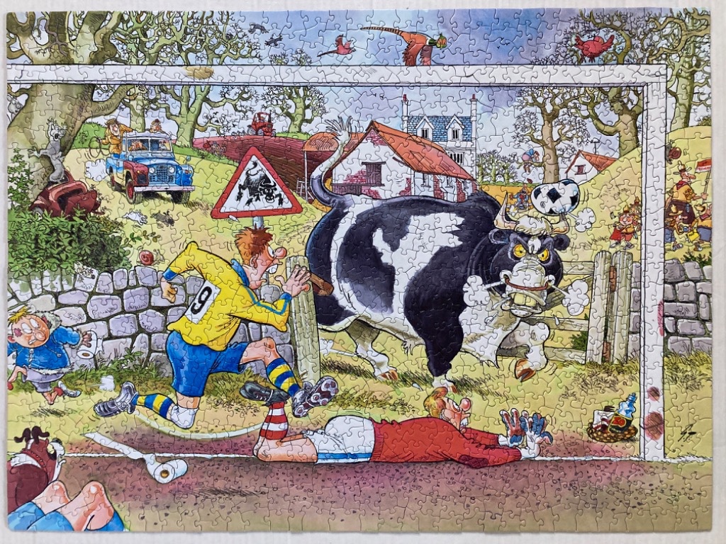 Cartoon illustration of a soccer match interrupted by an angry bull on a rural farm field.
