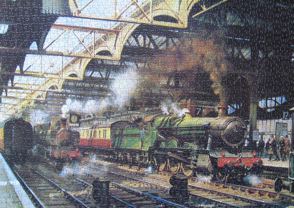 A nostalgic painting of steam locomotives under a large iron railway station canopy.