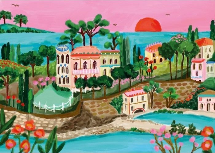 Painted coastal landscape with pastel villas, lush green trees, and a bright red setting sun over a blue sea.