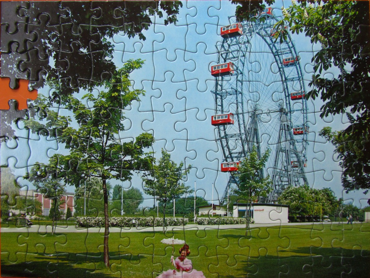 The Wiener Riesenrad ferris wheel in Vienna with a woman in a Victorian-style dress in the foreground.