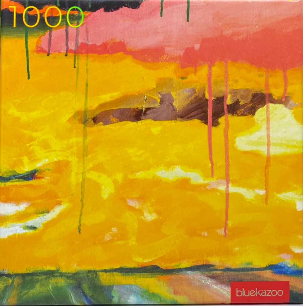 An abstract expressionist painting featuring broad strokes of warm yellow, orange, and red with vertical paint drips.