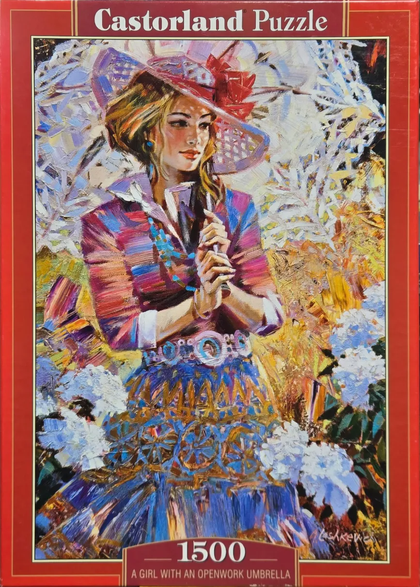 Impressionist oil painting of a woman in a wide-brimmed hat holding a lace parasol in a floral garden.