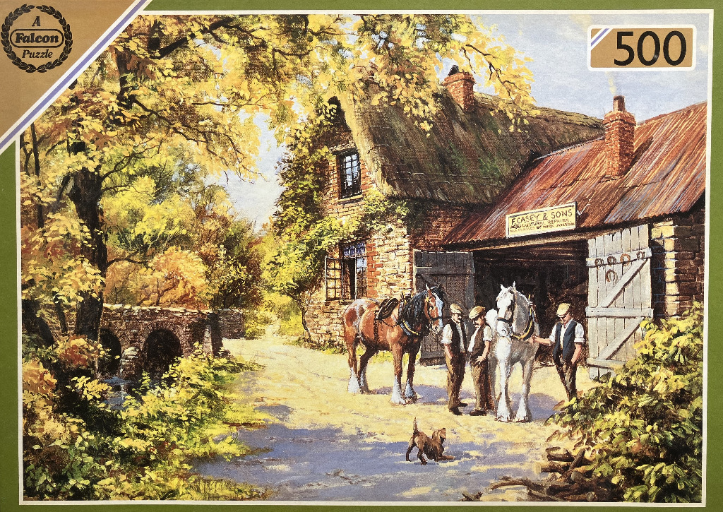 A nostalgic rural scene featuring a stone blacksmith shop with two large horses, men, and a dog on a sunny day.