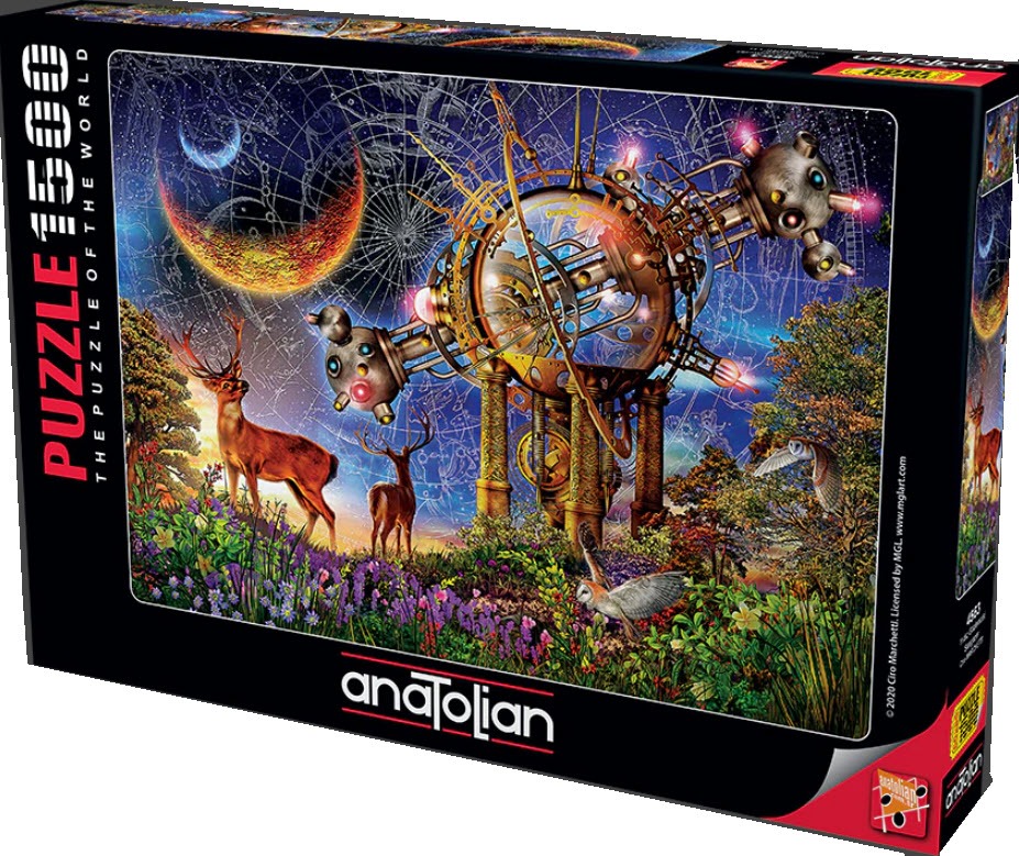 A surrealist digital artwork featuring a complex celestial clockwork mechanism above a meadow with deer and owls.