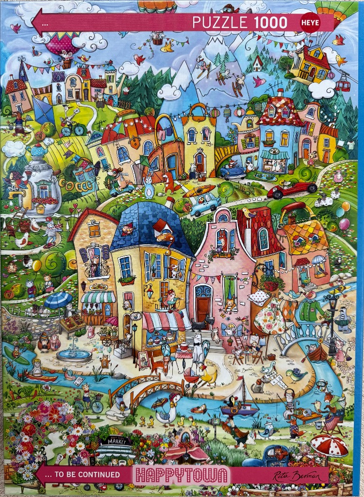 Whimsical, colorful cartoon illustration of a bustling town filled with animal characters and quirky buildings.