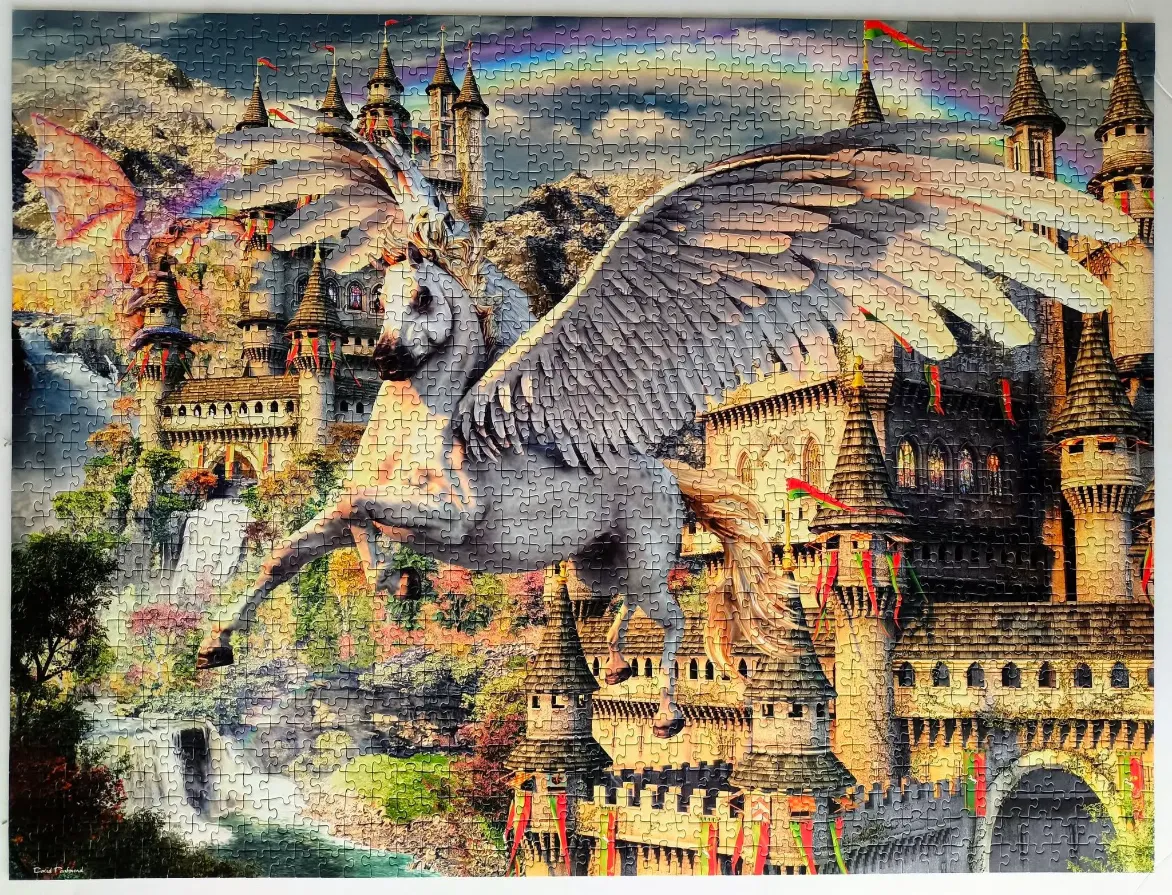 A majestic winged pegasus flying in front of a grand fantasy castle with a rainbow in the sky.