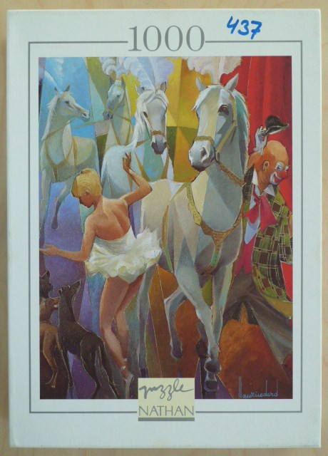 Circus scene with a ballerina in a white tutu, three white horses, and a clown bowing.