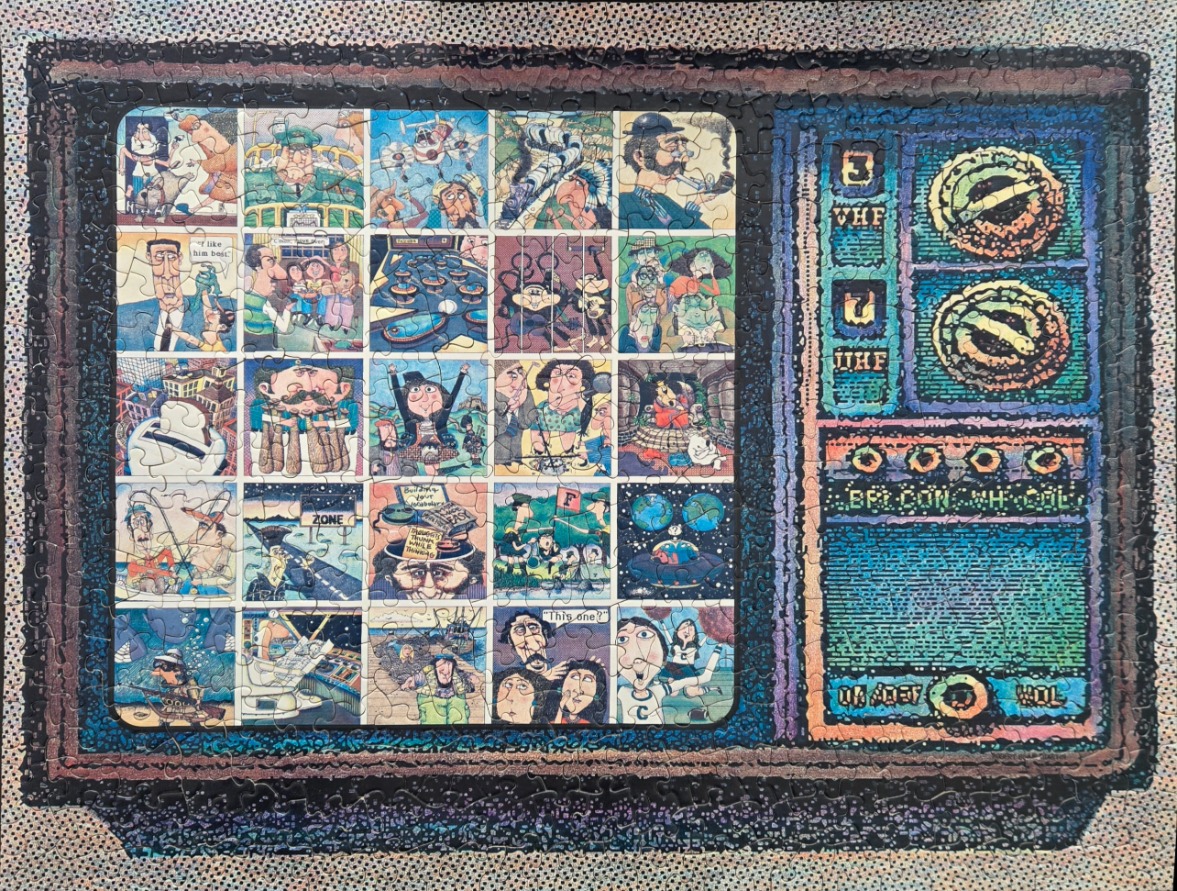 A whimsical illustration of a vintage television screen displaying a grid of 25 varied cartoon vignettes.