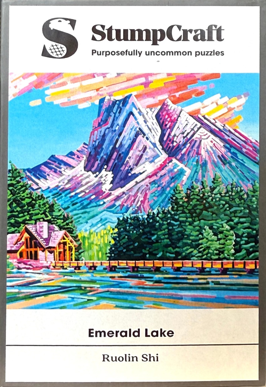 Impressionistic style painting of a mountain range behind a lakeside cabin and a wooden bridge.