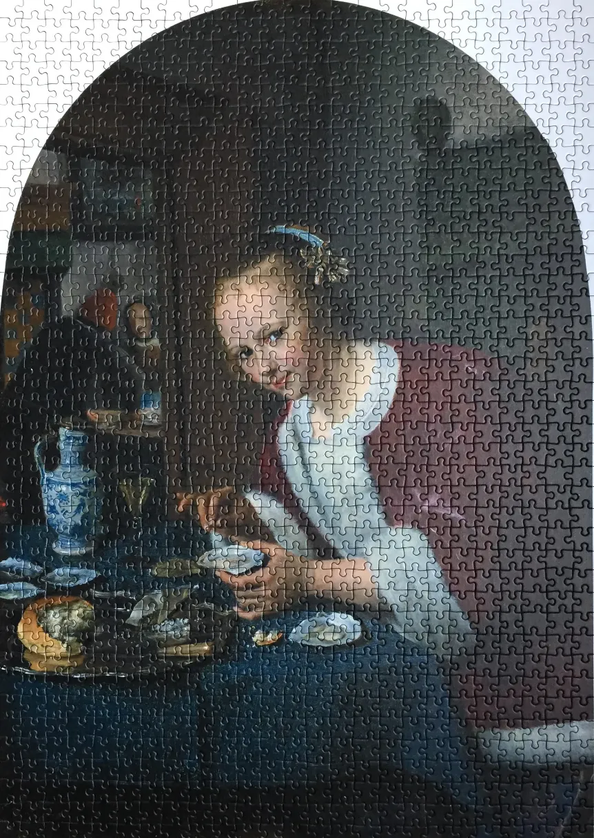 A woman in 17th-century attire sits at a table with a meal in an oil painting style portrait.