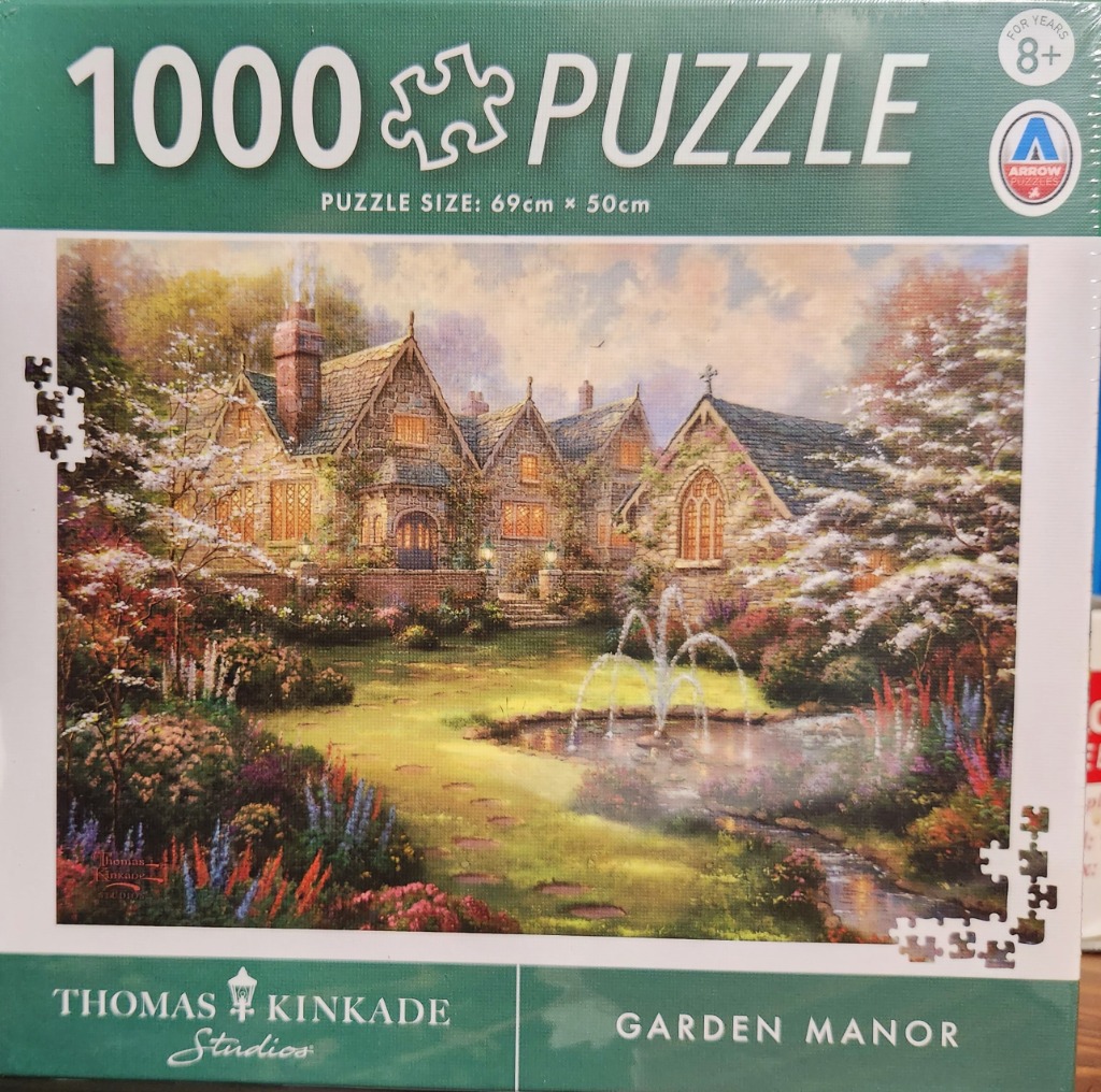 A scenic painting of a historic stone manor surrounded by a vibrant, blossoming garden and a tiered fountain.