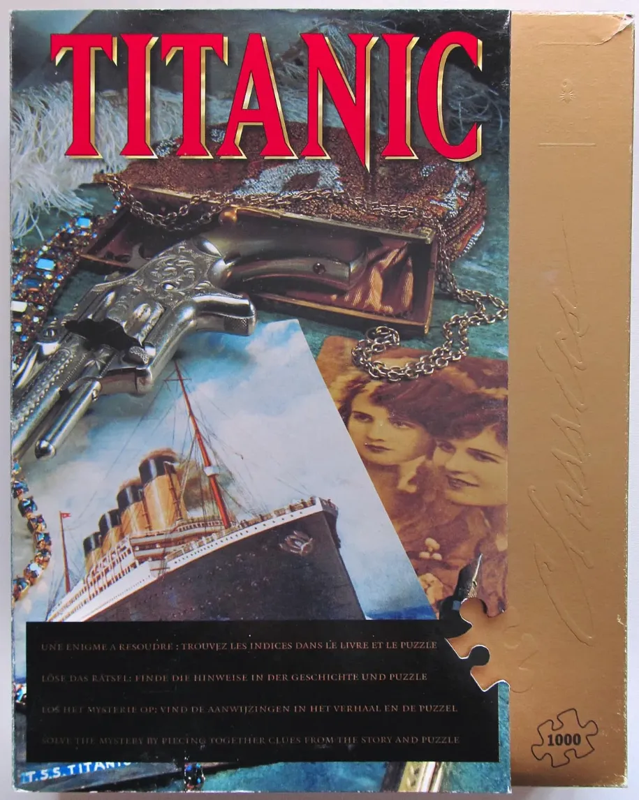 A still life arrangement featuring a toy revolver, a vintage photograph, and the Titanic ship against a dark background.