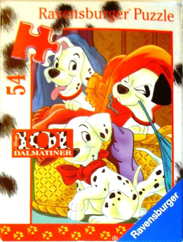Three cartoon Dalmatian puppies interacting with fabric and a basket.