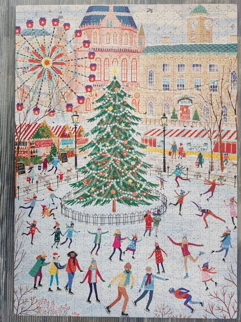 Illustration of a bustling ice skating rink in a European town square with a large Christmas tree.