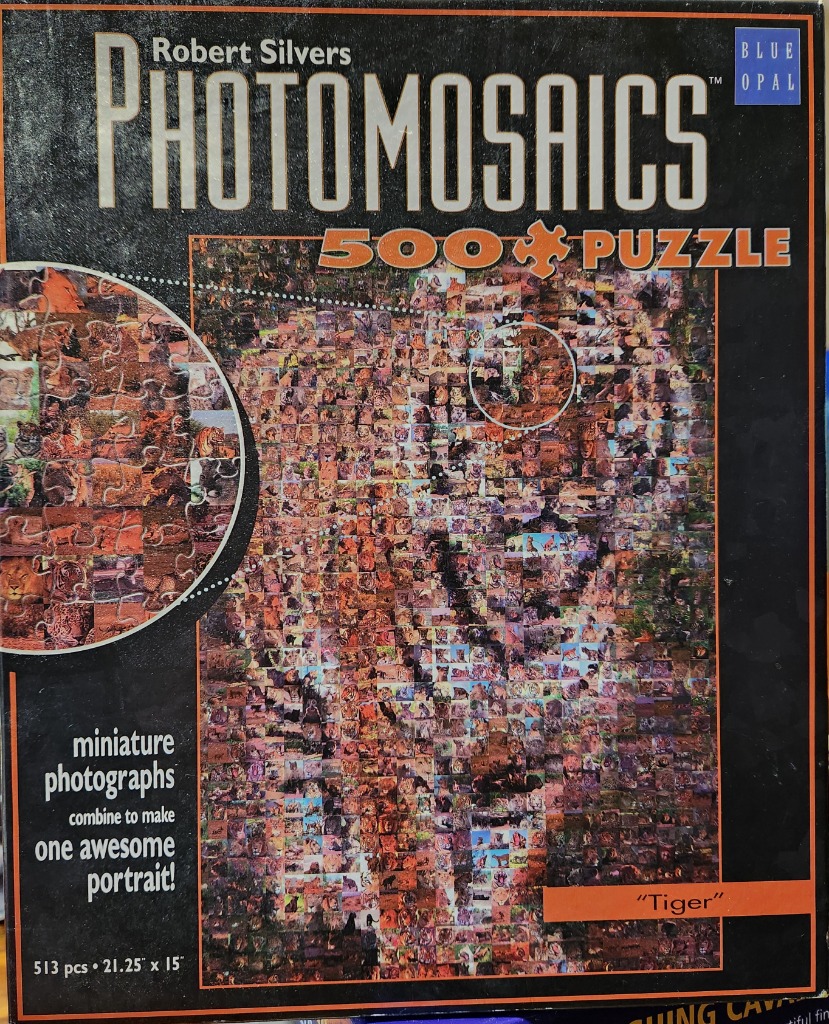 A photomosaic portrait of a tiger composed of hundreds of smaller photographs of wild cats.
