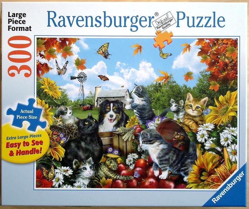 A group of kittens and a dog in a vibrant autumn garden with sunflowers, butterflies, and a distant farmhouse.