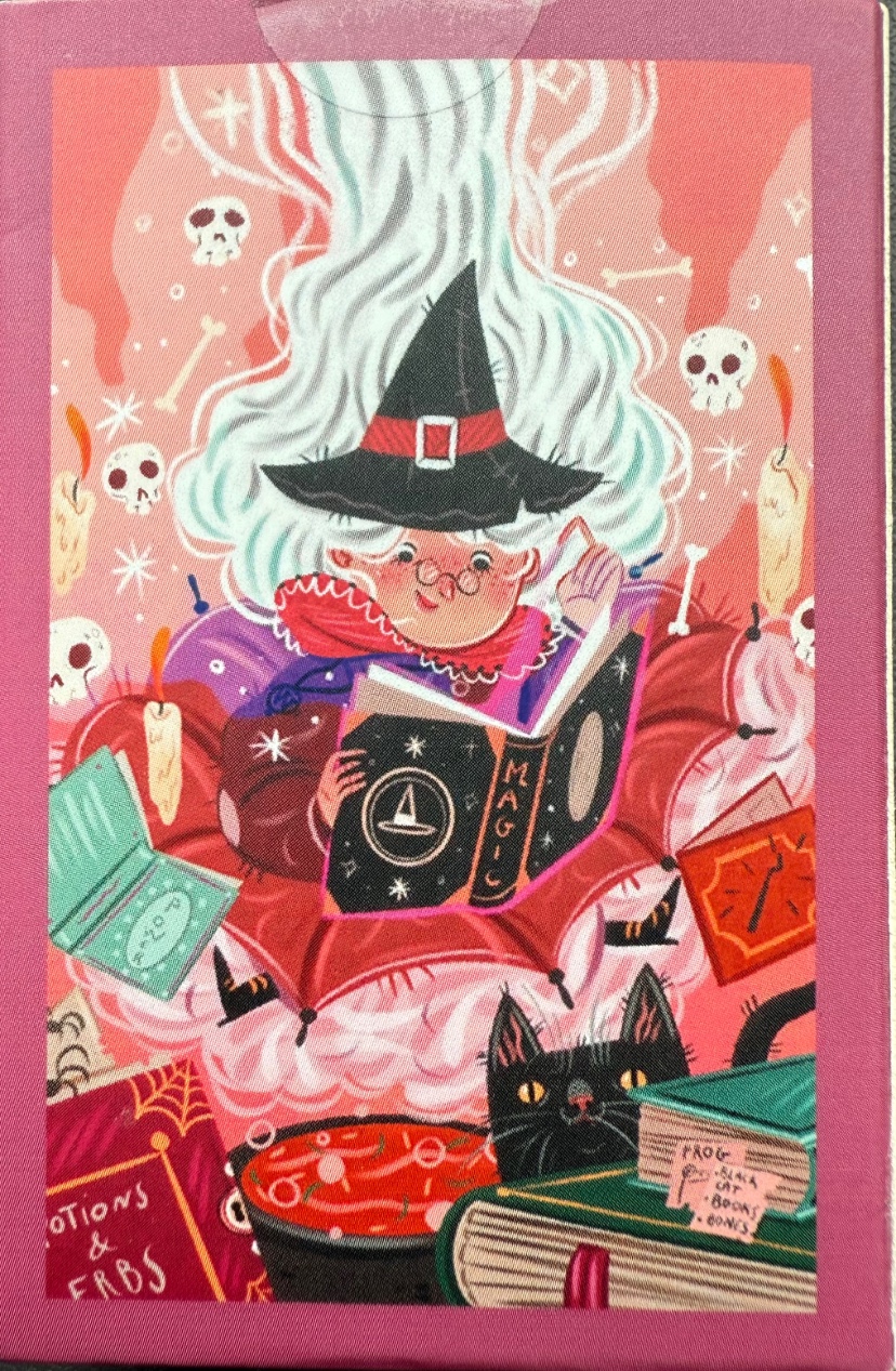 Illustration of a cozy witch reading a magic book surrounded by potions, candles, and a black cat.