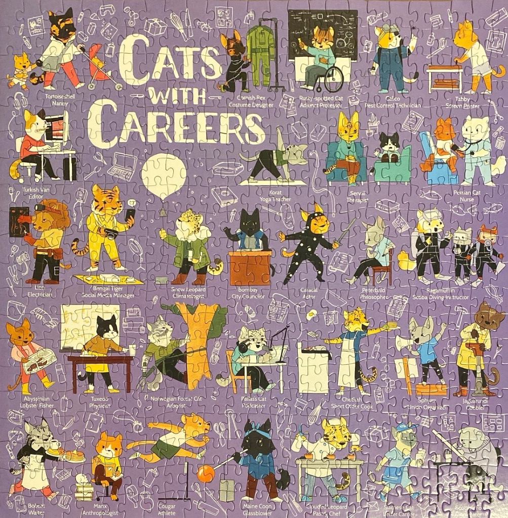 An illustration titled 'Cats with Careers' featuring various cat breeds performing diverse jobs.
