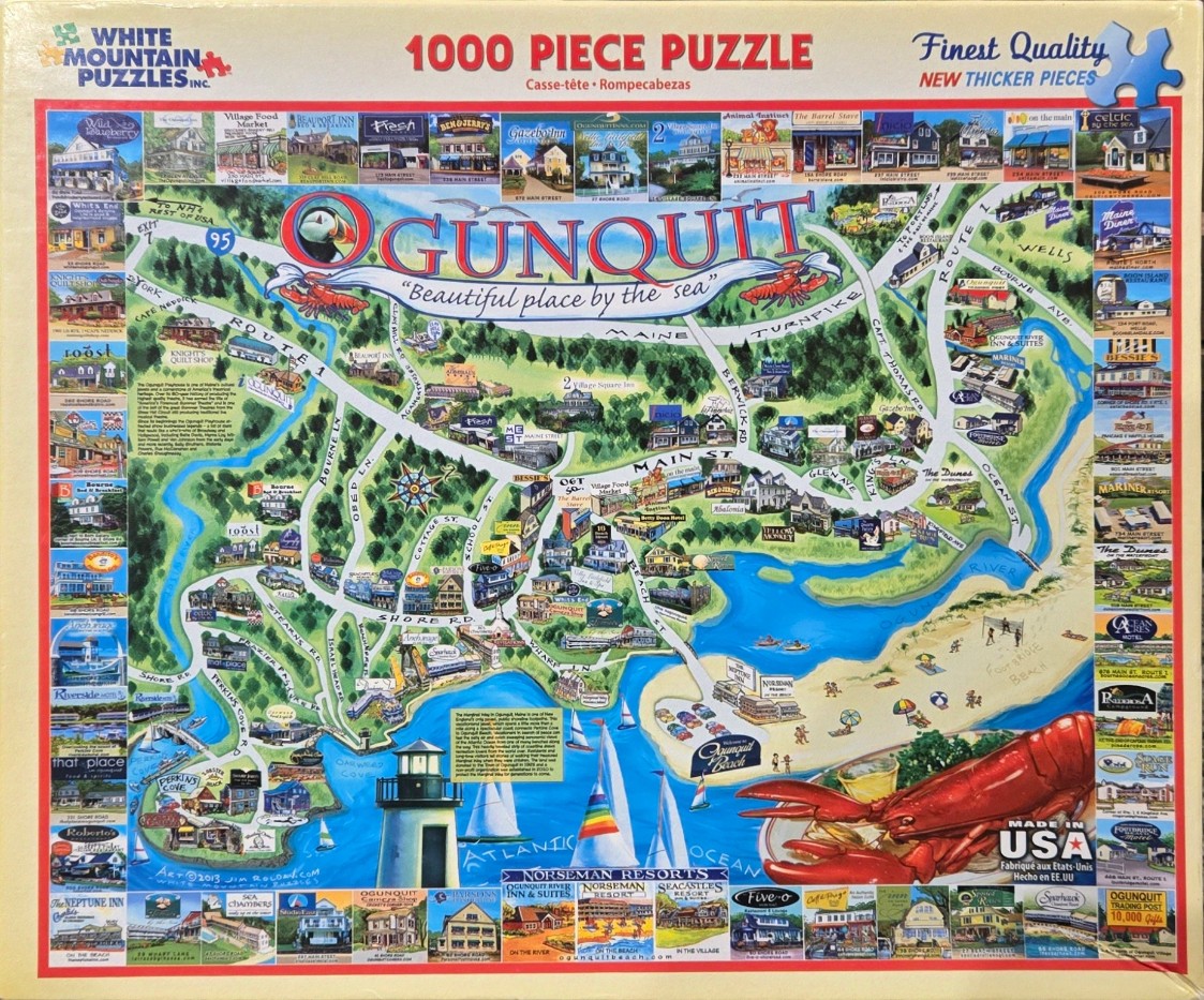 Illustrated pictorial map of Ogunquit, Maine, featuring local landmarks, streets, and coastal scenery.