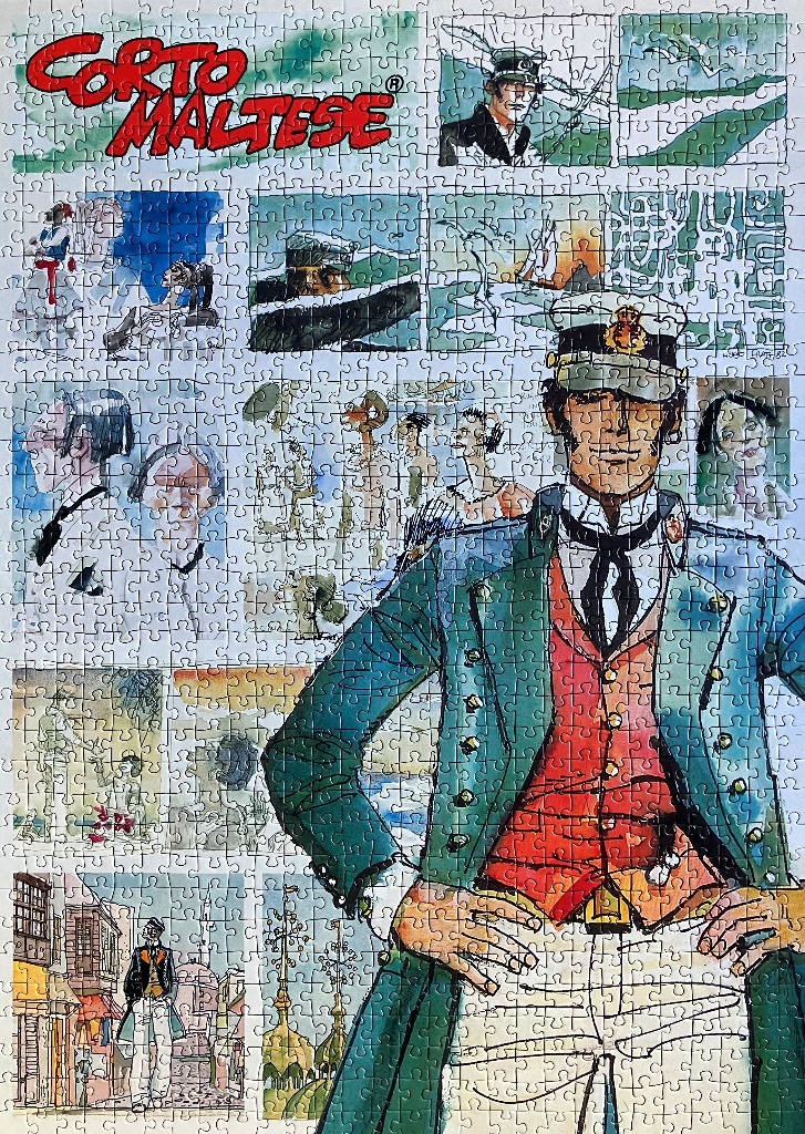 Collage of Corto Maltese comic strip panels and a large portrait of the character.