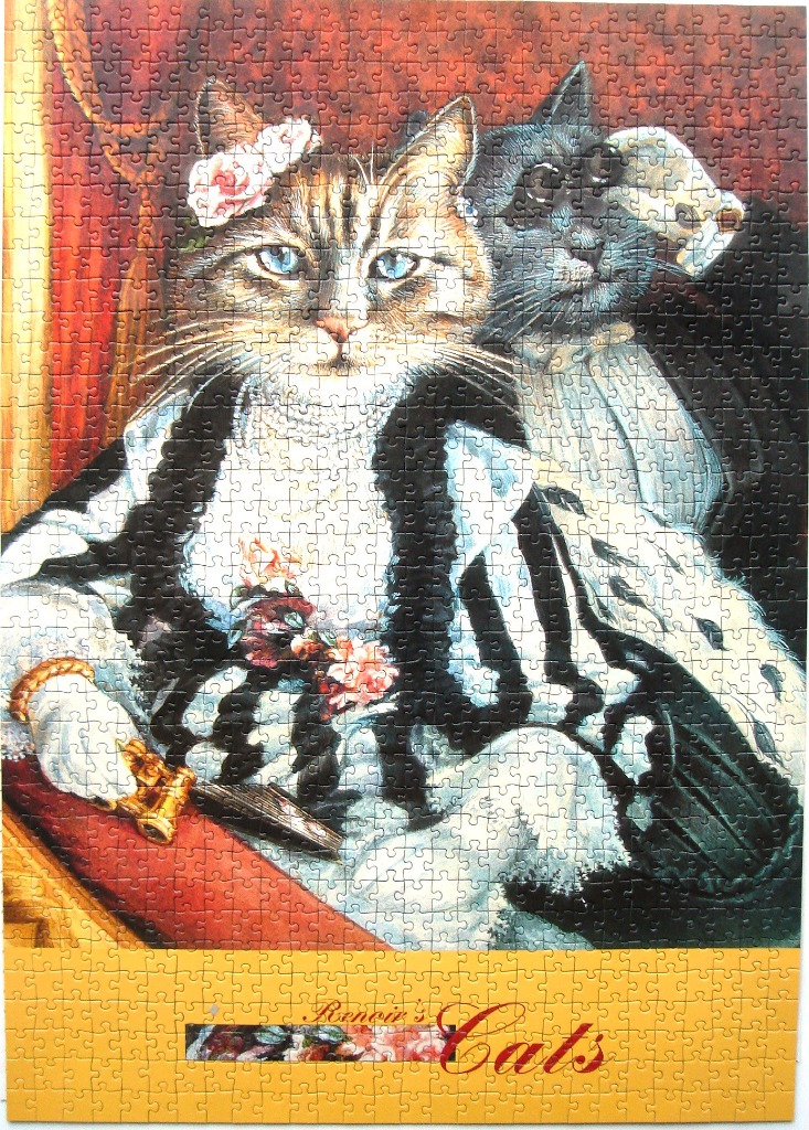 A whimsical illustration of two regal cats dressed in elegant, Victorian-style attire against a red curtain background.