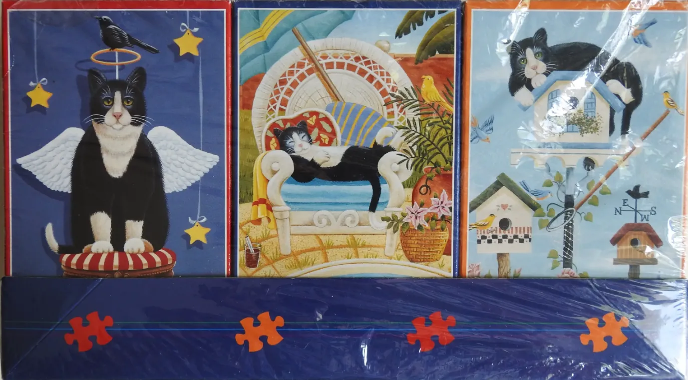 Three vertical panels featuring stylized illustrations of tuxedo cats in different whimsical settings.
