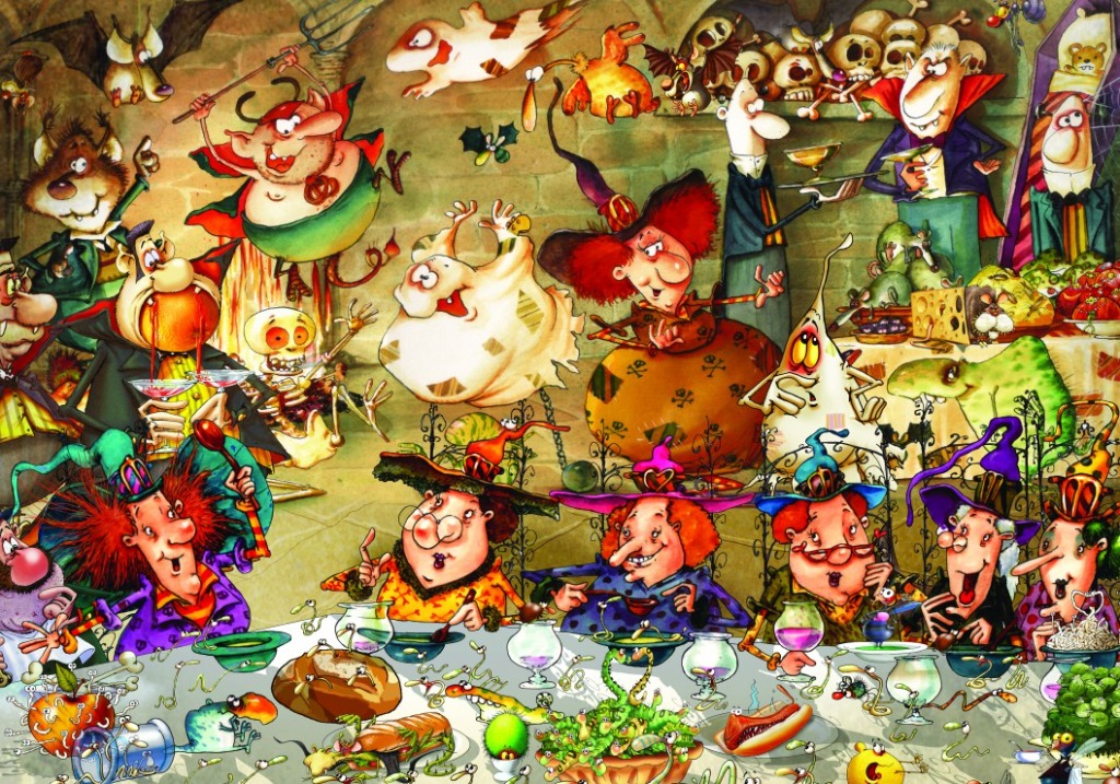 A whimsical illustration of a chaotic dinner party featuring monsters, witches, and ghosts in a stone chamber.
