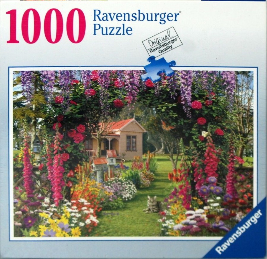 A lush garden scene with a wisteria-covered archway, blooming flowers, a cottage, and a cat sitting on the grass.
