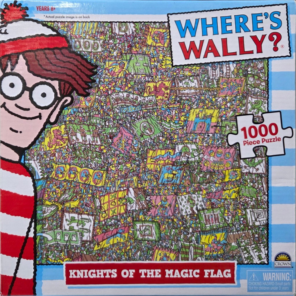 A densely packed illustration of medieval knights, colorful banners, and flags in a Where