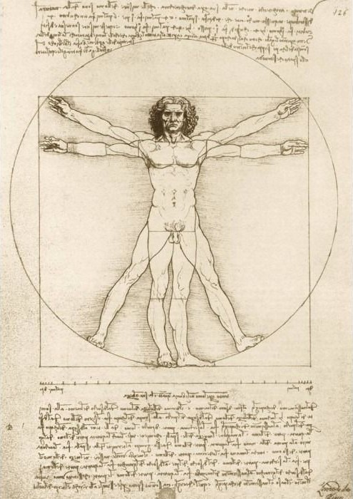 A monochromatic ink drawing of a nude man inside a circle and square, surrounded by mirror-written notes.