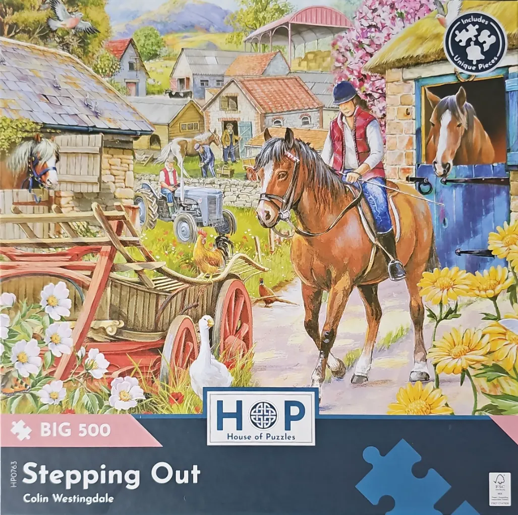 A countryside farm scene with a woman riding a brown horse past a barn and a garden.