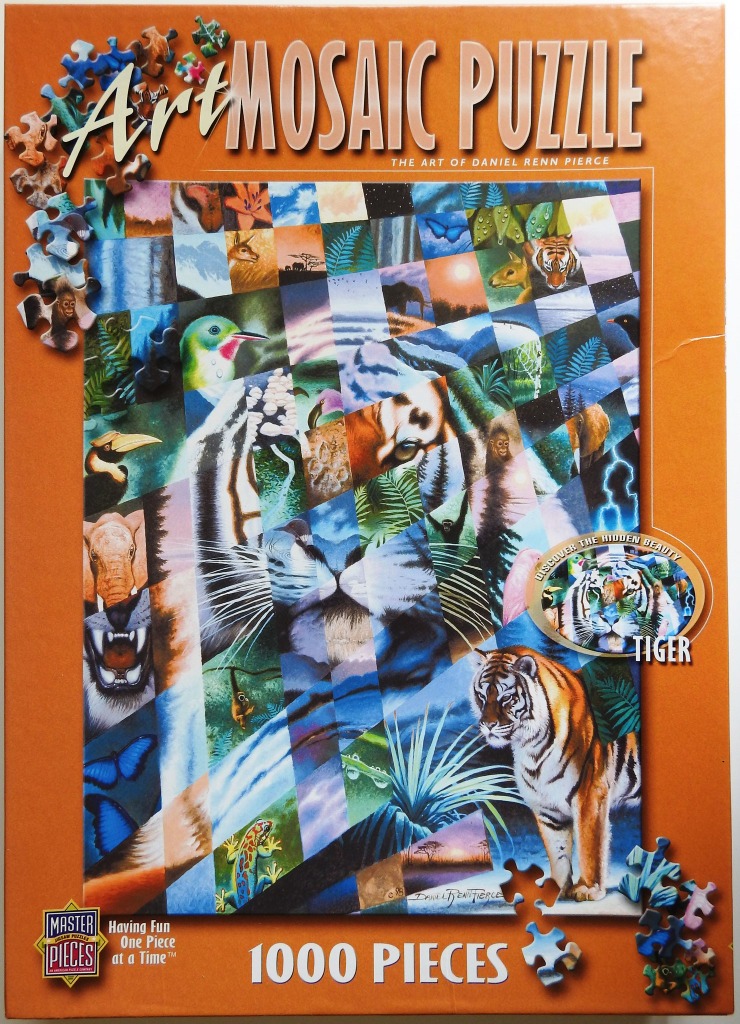 A mosaic-style digital painting featuring a large tiger face formed by a grid of smaller animal and nature scenes.