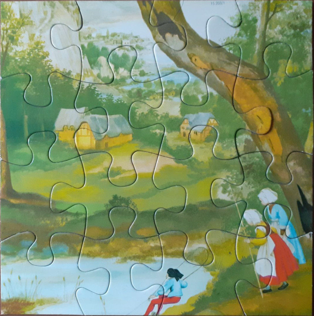 A countryside scene featuring two women walking on a path and a person fishing by a river near small houses.