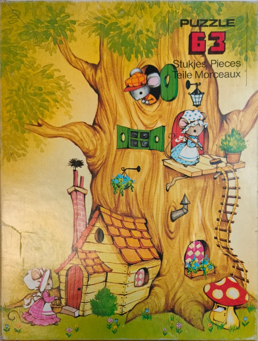 Whimsical illustration of anthropomorphic mice living in a large, multi-level treehouse home.