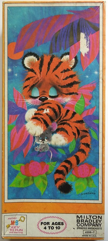 A whimsical illustration of a baby tiger cuddling a tiny grey mouse amidst large, stylized tropical leaves and flowers.
