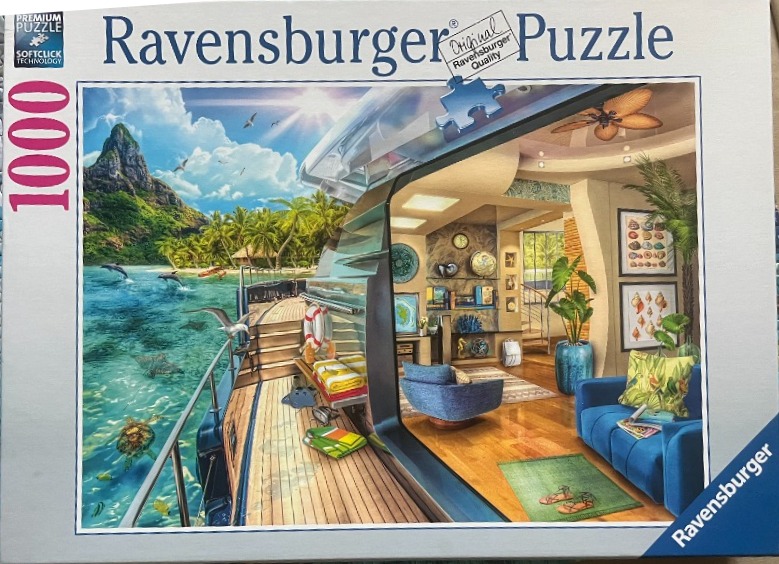 A split view showing a luxury boat deck on the water and a cozy interior lounge with tropical views.