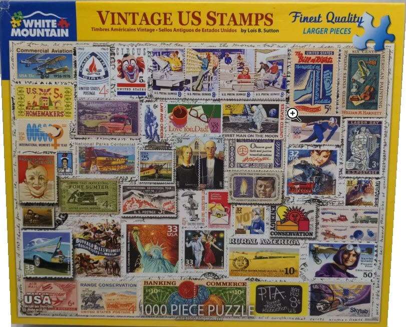 A collage of various historical United States postage stamps featuring diverse cultural, historical, and national imagery.