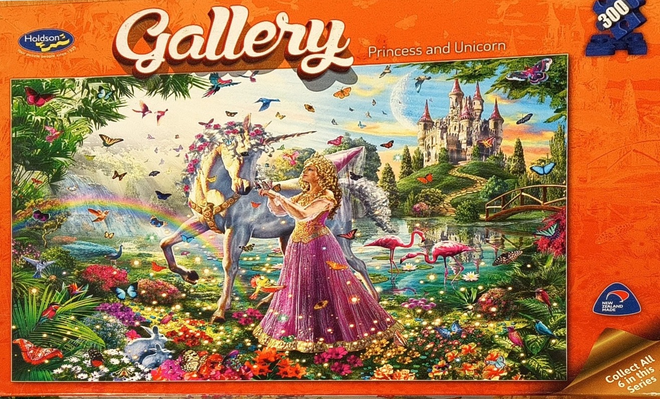 A fantasy illustration of a princess standing with a unicorn in a magical garden with a castle in the background.