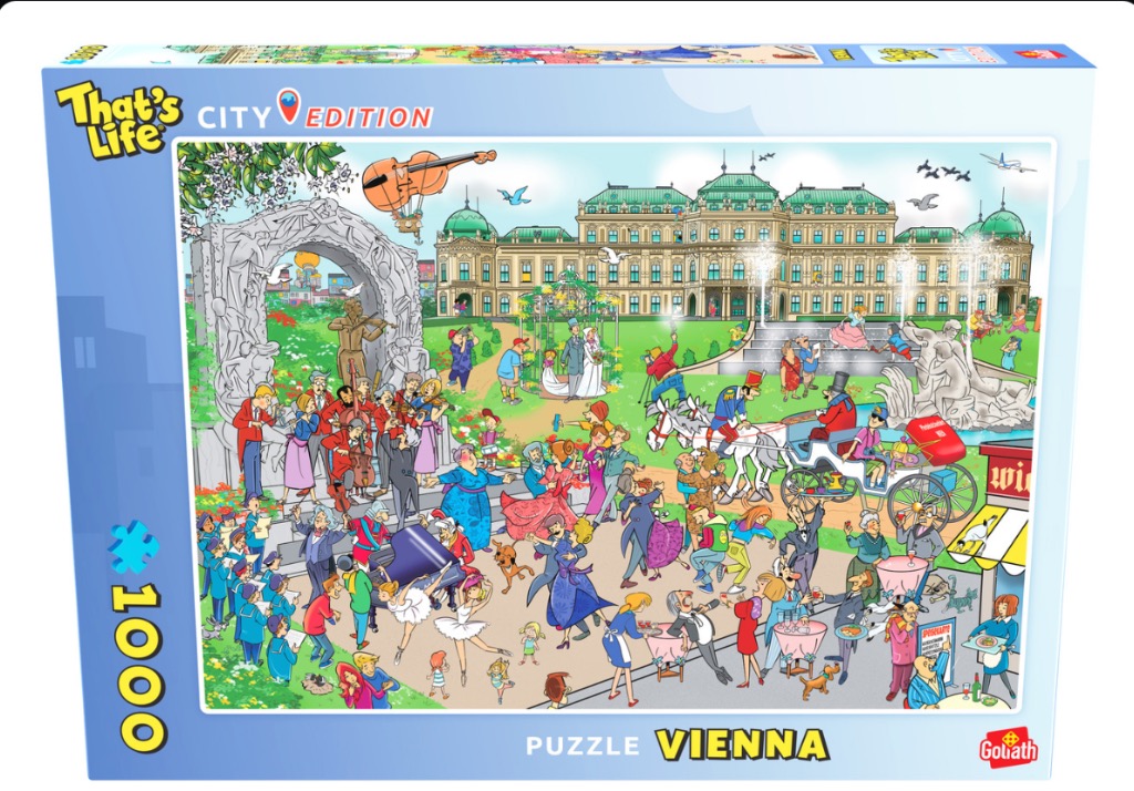 Cartoon illustration of a busy scene in front of the Belvedere Palace in Vienna.