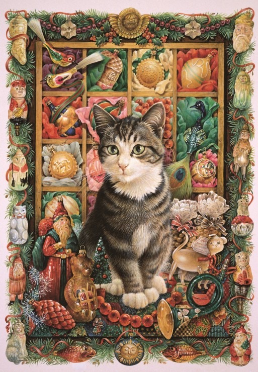 A tabby cat sits in front of a wooden grid filled with vintage Christmas ornaments and holiday decorations.